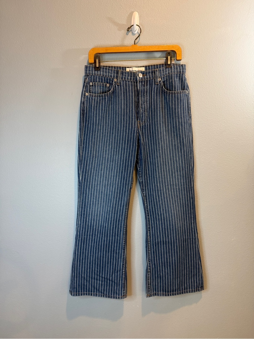 Reformation "Mesa Stripe" jeans, mid-rise crop flare, size 29 (M)